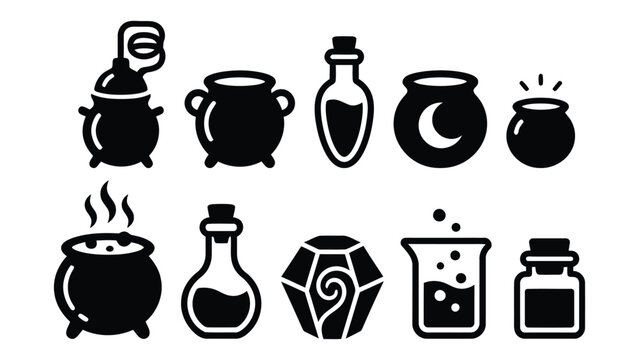 Set of magic potions bottles and alchemy vessels.