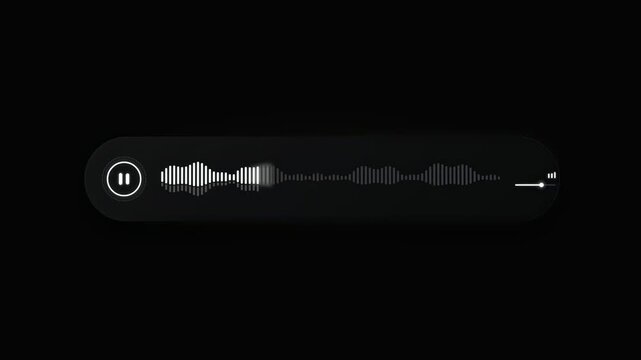 Minimalist digital audio waveform player interface on black background featuring white sound wave bars with pause icon and seek bar progress for podcast music or voice message playback visualization.