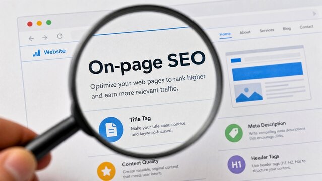 Magnifying glass focusing on on page SEO optimization webpage content, representing search engine ranking strategy and website traffic improvement technology