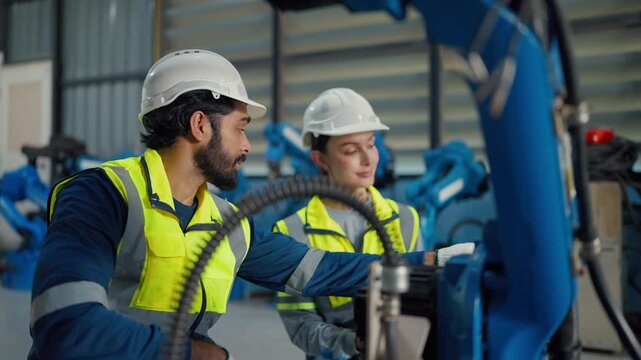 Two engineers inspect robotic arm in factory. They wear hard hats and safety vests. They kneel beside blue industrial machinery, discussing operations.