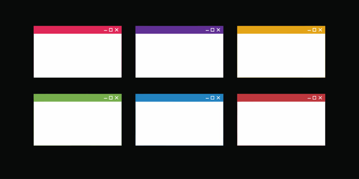 Colorful software window frames set with simple control icons for vintage operating system and website layout design.