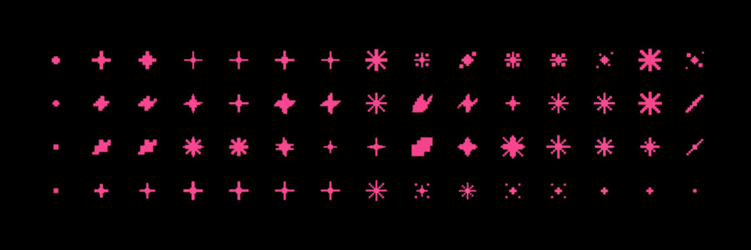 Pink sparkle pixel art sprite sheet featuring various star shapes and twinkle effects for game assets and web decoration.