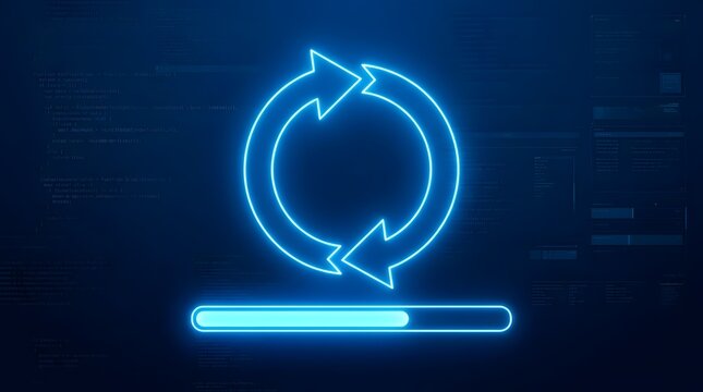 Digital data synchronization process with blue neon update icon and progress bar on technology background