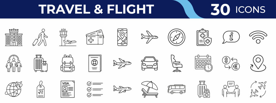 Holiday travel icon graphic set with flying plane baggage map and hotel symbols for tourist agency and trip preparation.