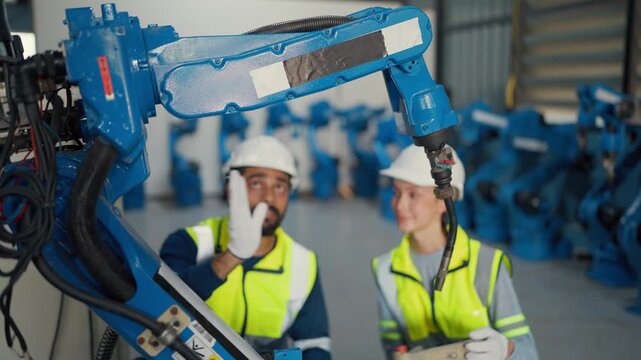 Two engineers inspect robotic arm in factory. They wear hard hats and safety vests. They kneel beside blue industrial machinery, discussing operations.