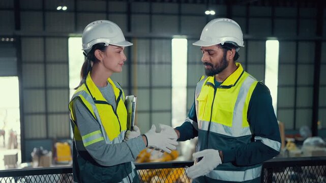 Two workers in a factory greet each other warmly. They wear helmets and safety vests, gloved hands meet