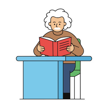 Person sitting at a desk reading an open book in a clean minimal monoline style isolated on white background educational concept