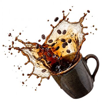 ​Dynamic coffee splash exploding out of cup high speed photography isolated on white background no shadows