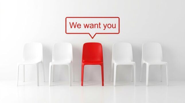 One red chair stands out in a row of white chairs with a recruitment sign.