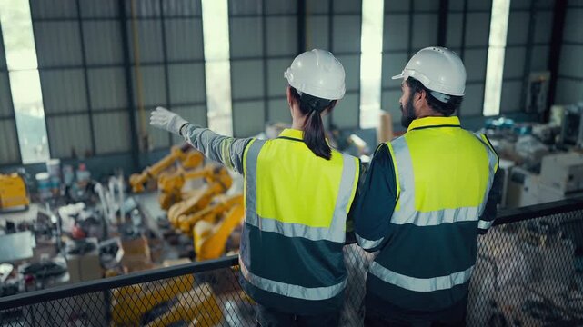 Two workers in safety gear stand on an industrial overlook. They gesture toward factory machinery below. Their posture shows focused attention