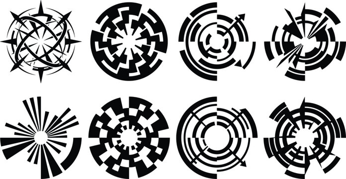 Black silhouette icon set of abstract tech circles, futuristic HUD elements, and geometric patterns
