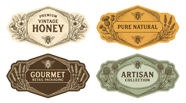 This vector set features four vintage-style packaging labels decorated with hand-drawn bees, floral illustrations, and ornate geometric borders in earthy colors.