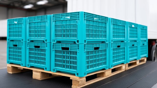 Series of turquoise plastic crates stacked on wooden pallets in a warehouse showcasing efficiency in storage solutions and industrial logistics practices for better organization.