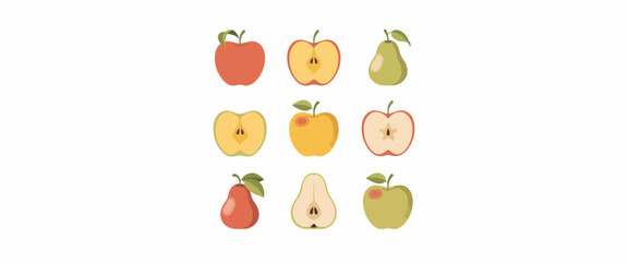 Fototapeta premium Apples and pears, whole and sliced, set of fresh organic fruits, healthy food choice.