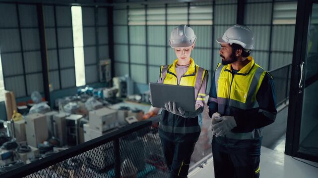 Two engineers review data on a laptop. They stand on a metal platform overlooking a factory floor. Wearing helmets and safety vests