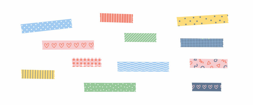 Collection of colorful washi tape strips with various patterns like polka dots hearts stars stripes and plaid designs.