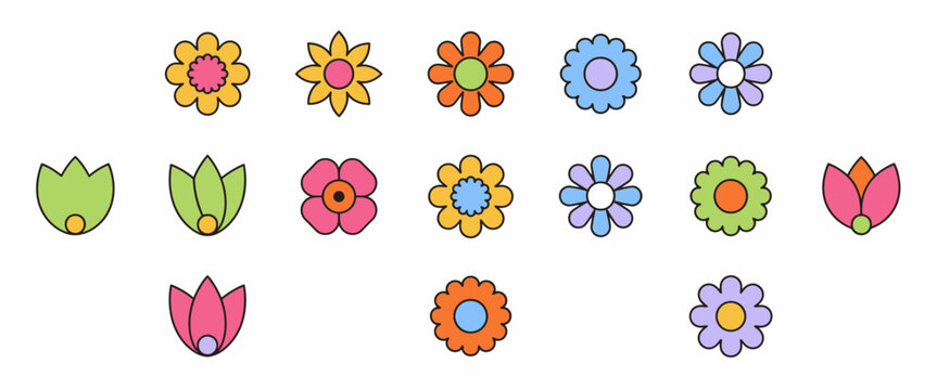 Variety of colorful retro flower icons featuring simple flat design for spring scrapbooking and cute stationary project.