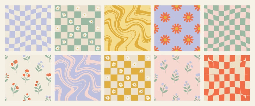 Groovy seamless pattern collection featuring funky checkerboard designs and colorful botanical flower garden background.