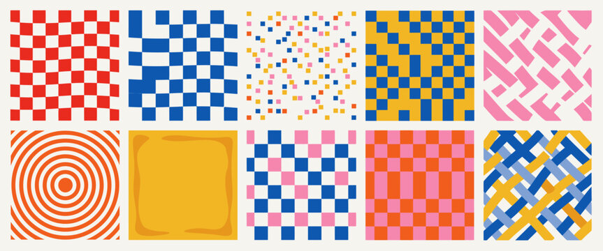 Vector set of seamless tileable patterns with geometric shapes wavy lines and squares in bright vibrant color palette.