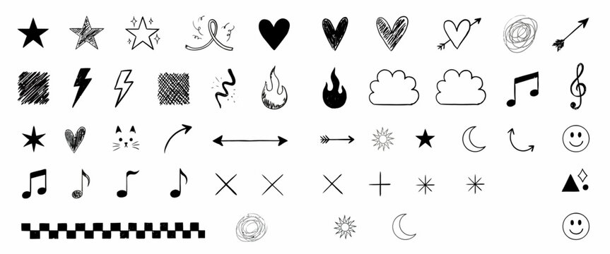 Hand drawn doodle elements set containing stars hearts arrows and music notes for scrapbooking and creative journal design.