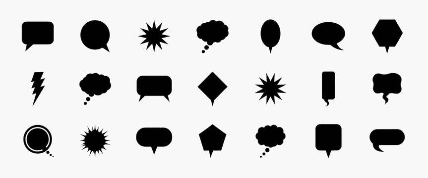 Speech bubbles vector set, black silhouette chat boxes and talk balloons, various shapes for communication messages.