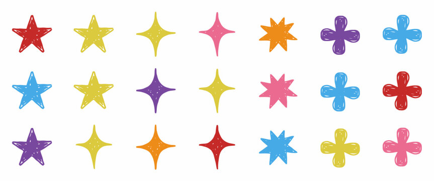Vibrant marker sketch stars and cross symbols collection in primary and secondary colors for creative craft projects.