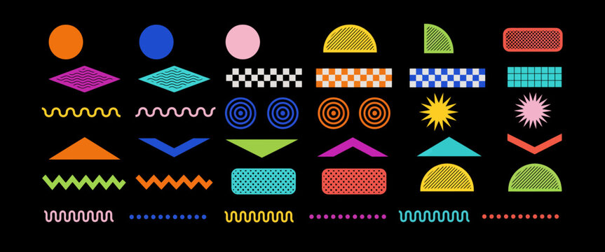 Various colorful geometric shapes and memphis style patterns for modern graphic design and digital art compositions.