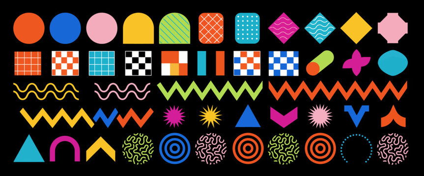 Abstract geometric shapes collection with colorful patterns and trendy memphis style elements for modern graphic design.