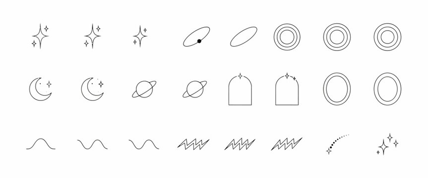 Abstract celestial bodies line art icons set, minimal cosmic symbols collection, planet, moon, stars, circles.