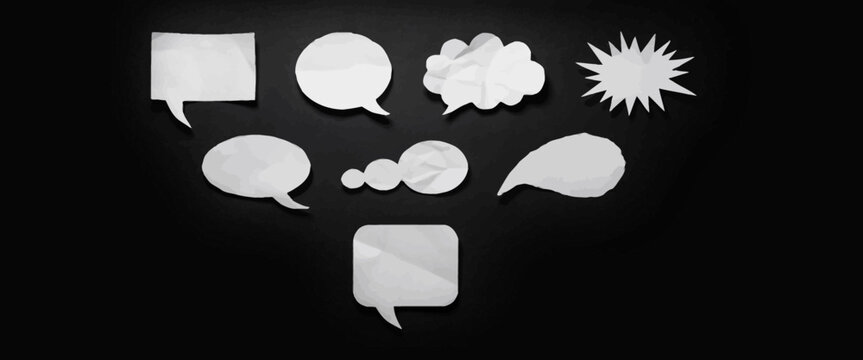 Set of black speech bubbles on a dark background featuring various shapes and textures for chat dialogue and communication.