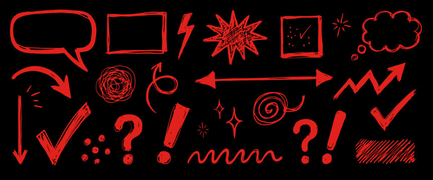 Set of hand drawn doodle design elements in red including arrows, speech bubbles, check marks, and question marks.