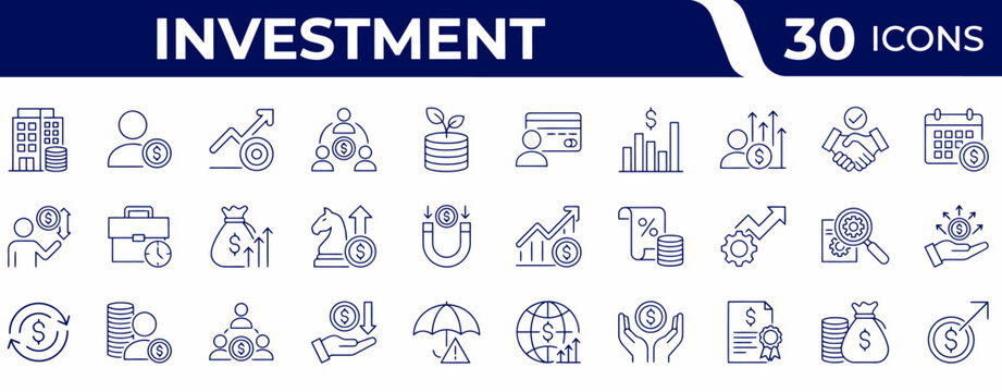 Investment icon set in blue color with various symbols related to finance, growth, savings, and business.
