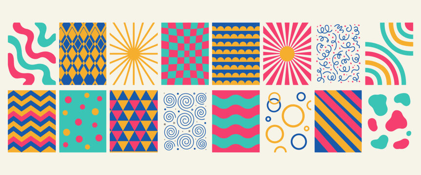 Abstract vector pattern set with colorful retro vibes. modern and playful shapes, lines, and textures background design.