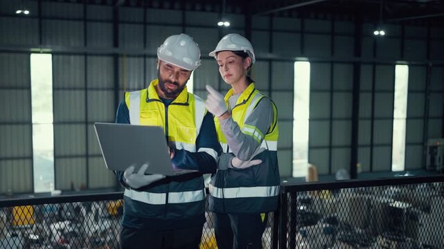 Two engineers review data on a laptop. They stand on a metal platform overlooking a factory floor. Wearing helmets and safety vests