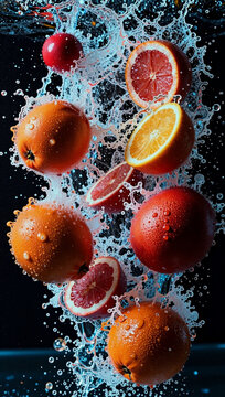 Fruit exploding in a splash of water against black.