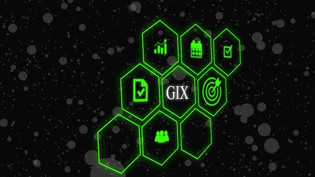 Time management and project g ix tracking concept with hourglass icon and business hexagonal grid.