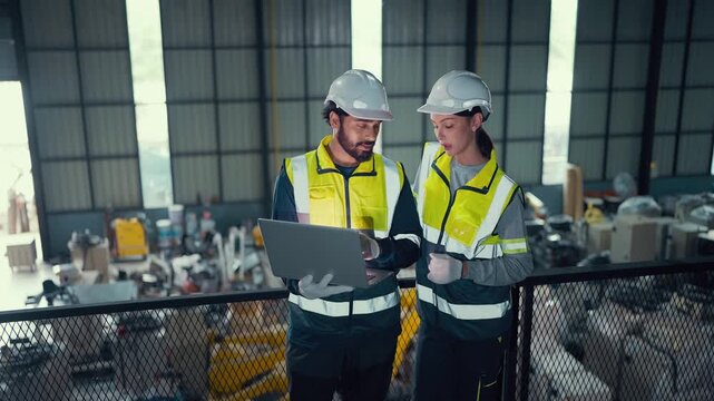 Two engineers walk through an industrial facility. They wear hard hats and high-visibility vests. One holds a laptop, showing data to the other
