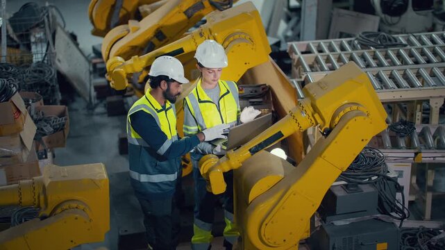 Two engineers inspect yellow robotic arm in factory. They wear hard hats and reflective vests. One points at mechanical joint while other observes