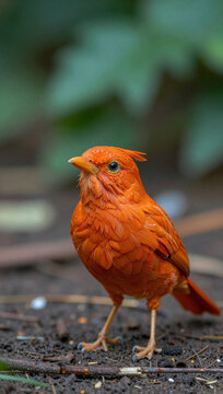 Bright orange bird stands on dark soil in nature.