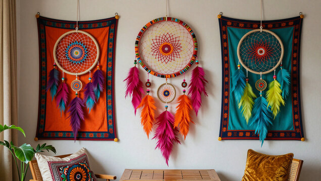 Bohemian dreamcatchers adorn a light-colored wall.