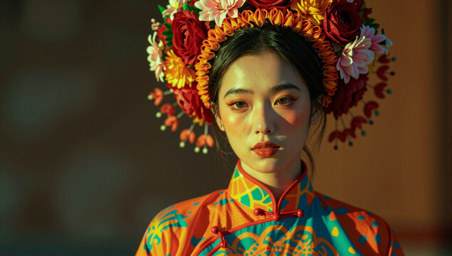 Woman in vibrant floral headdress and colorful attire.