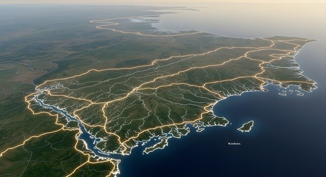 Aerial View of Coastal Landscape with Roads and Water.