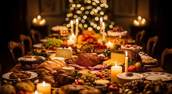 Festive christmas dinner table with a variety of holiday foods, roasted ham, cheese, fruits, and glowing candles in a cozy dining room setting