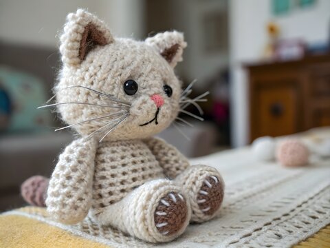 Beige yarn crocheted cat isolated on transparent background for cozy decor and branding