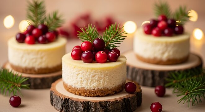 Mini cheesecakes topped with fresh cranberries and pine sprigs on rustic wooden slices for a festive holiday dessert presentation