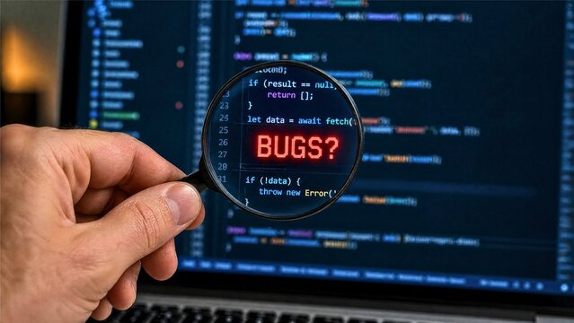 Magnifying glass revealing bugs in programming code on computer screen, representing software debugging and code error detection technology for developers