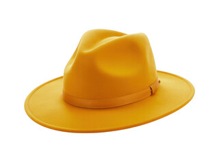 Fototapeta premium A vibrant yellow felt fedora hat isolated against a stark black background