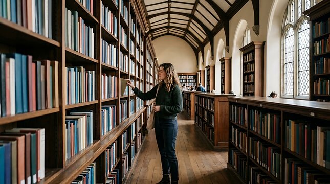 Young woman student browsing books on wooden shelves in a classic historic library aisle during study time