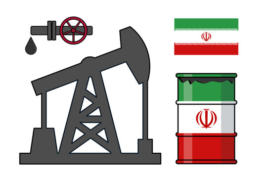 Iran oil industry concept vector set with pumpjack, oil barrel, pipe with dripping drop, and Iranian flag