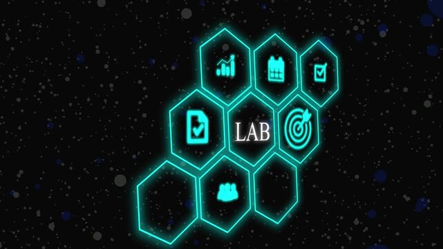 LAB Learning Management System concept. Hand holds wooden cube with LAB symbols on beautiful light background with copy space. Online business education. Electronic School icon background animation . 